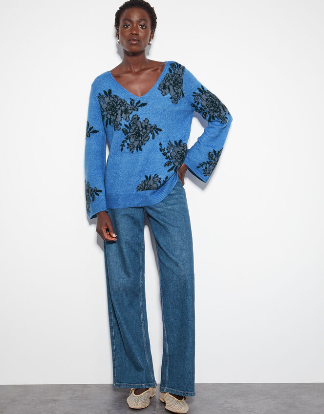 Jess V-Neck Floral Jacquard Jumper, Blue (BLUE), large