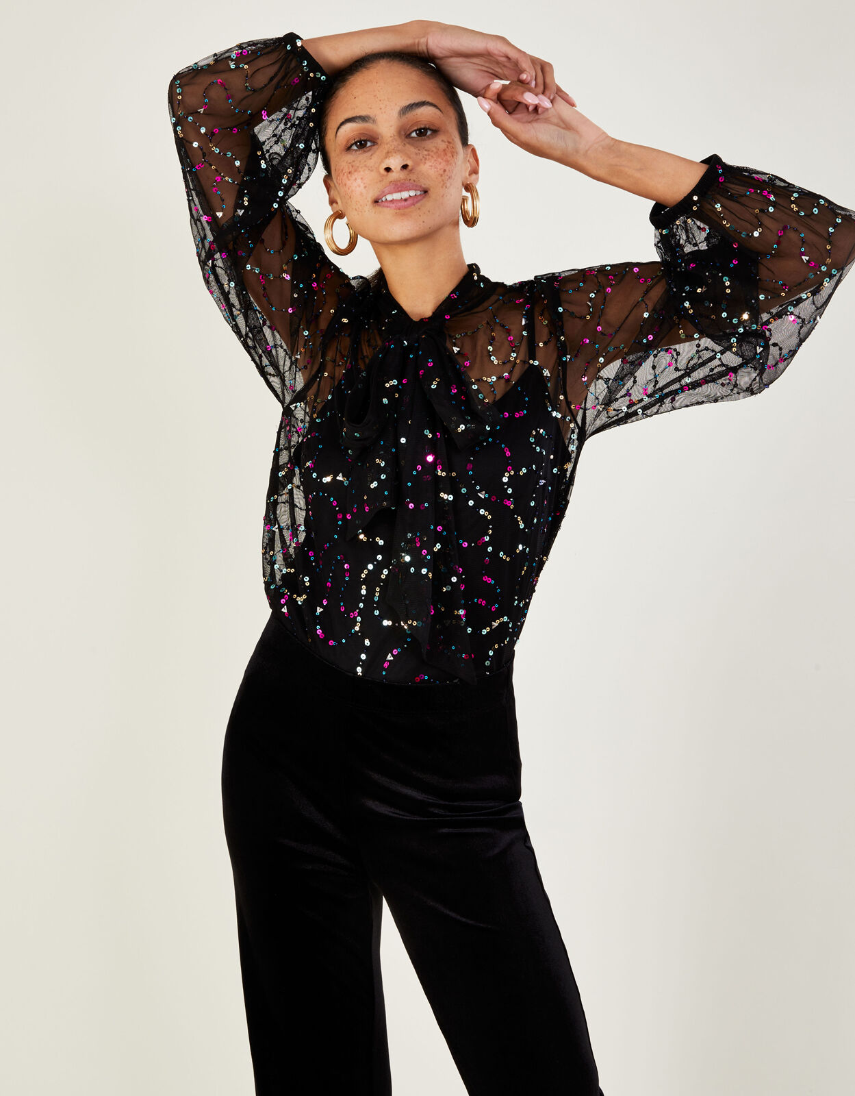 Daria Embellished Pussybow Blouse in Recycled Polyester Black